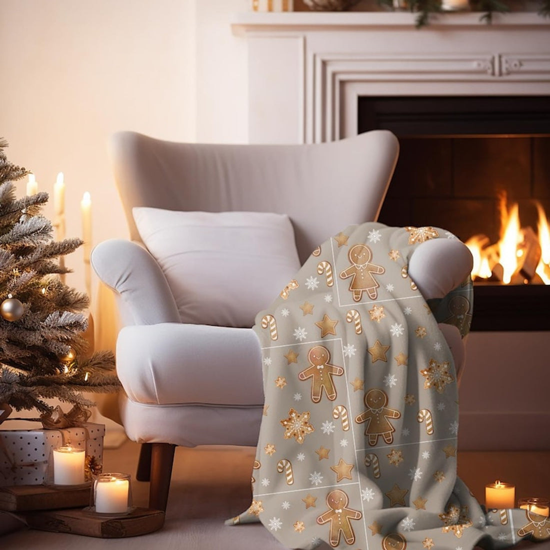 FUNSTUFFPRINT Festive Gingerbread Holiday Blanket | Cozy Holiday Christmas Throw | Warm Winter Sherpa Blanket | Holiday Home Decor