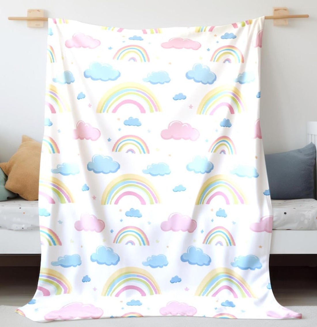 FUNSTUFFPRINT Rainbow and Clouds Blanket, Baby Swaddle, Baby Girl Blanket, Sherpa Blanket, Velveteen Blanket, Newborn Baby Keepsake, Baby Shower Gift