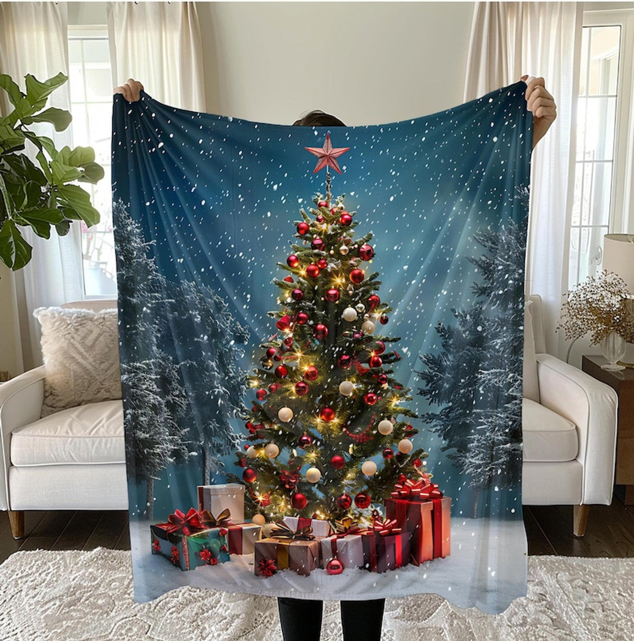 FUNSTUFFPRINT Christmas Tree Blanket Santa Arctic Fleece Blanket White Christmas Blanket Christmas Tree Blanket Christmas Gift for Her