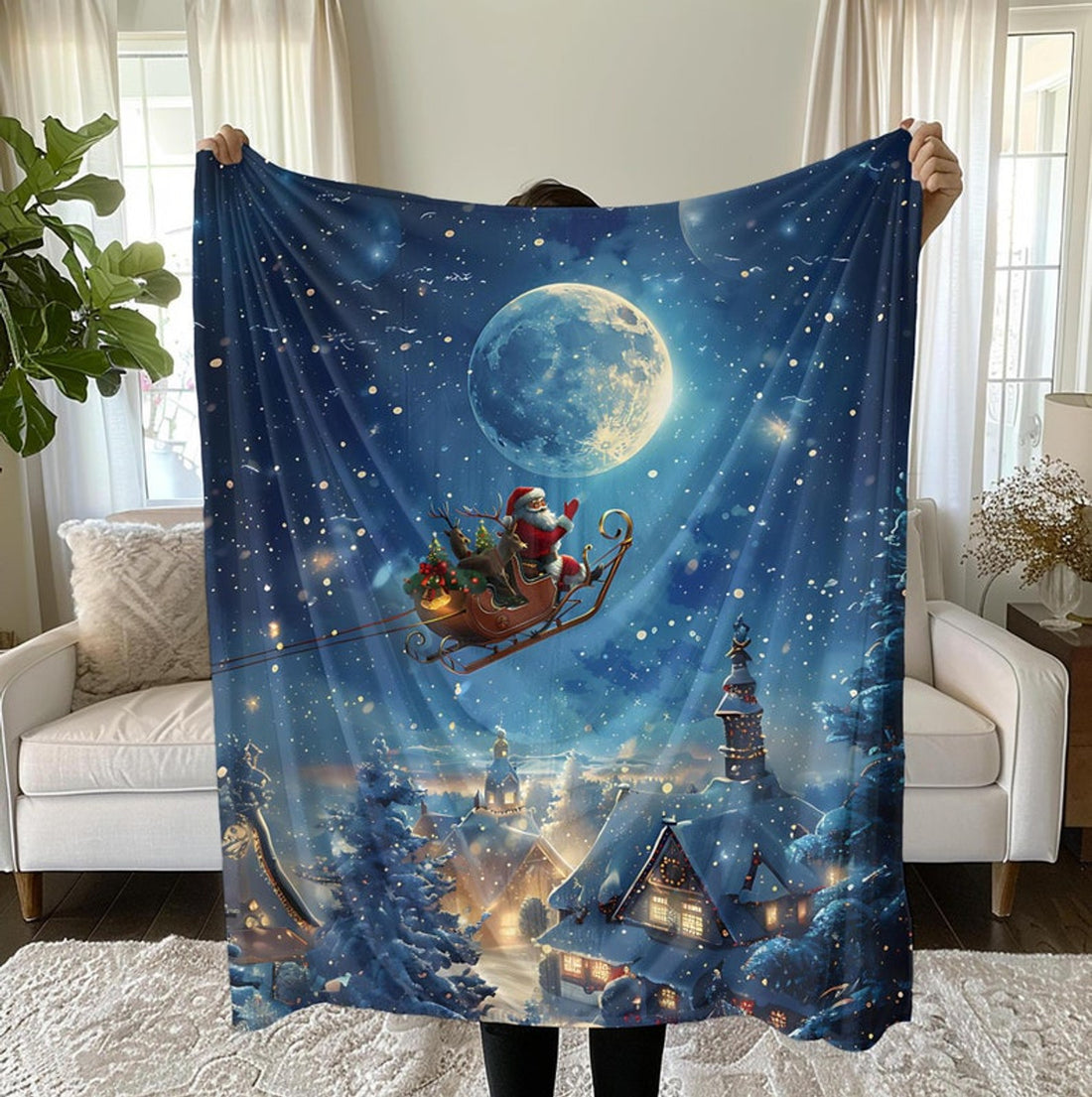 FUNSTUFFPRINT Santa Blanket Santa Arctic Fleece Blanket Christmas Lover Blanket Santa Claus in Sleigh Blanket Christmas Gift for Her