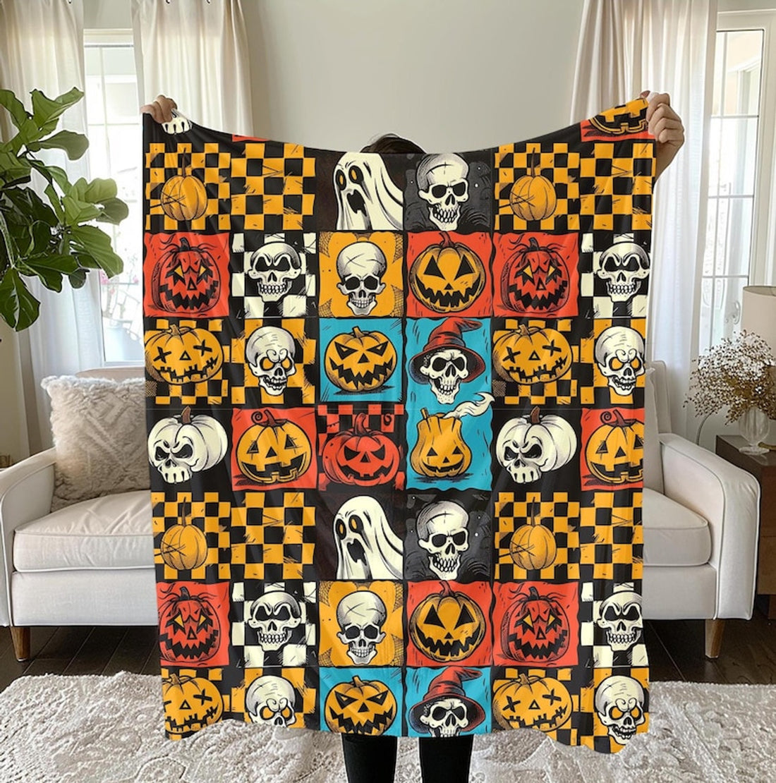 FUNSTUFFPRINT Vintage Halloween Blanket Gothic Scary Blanket Spooky Blanket Ghosts Pumpkins Halloween Gift Fleece Sherpa Blanket Velveteen Blanket Bedding