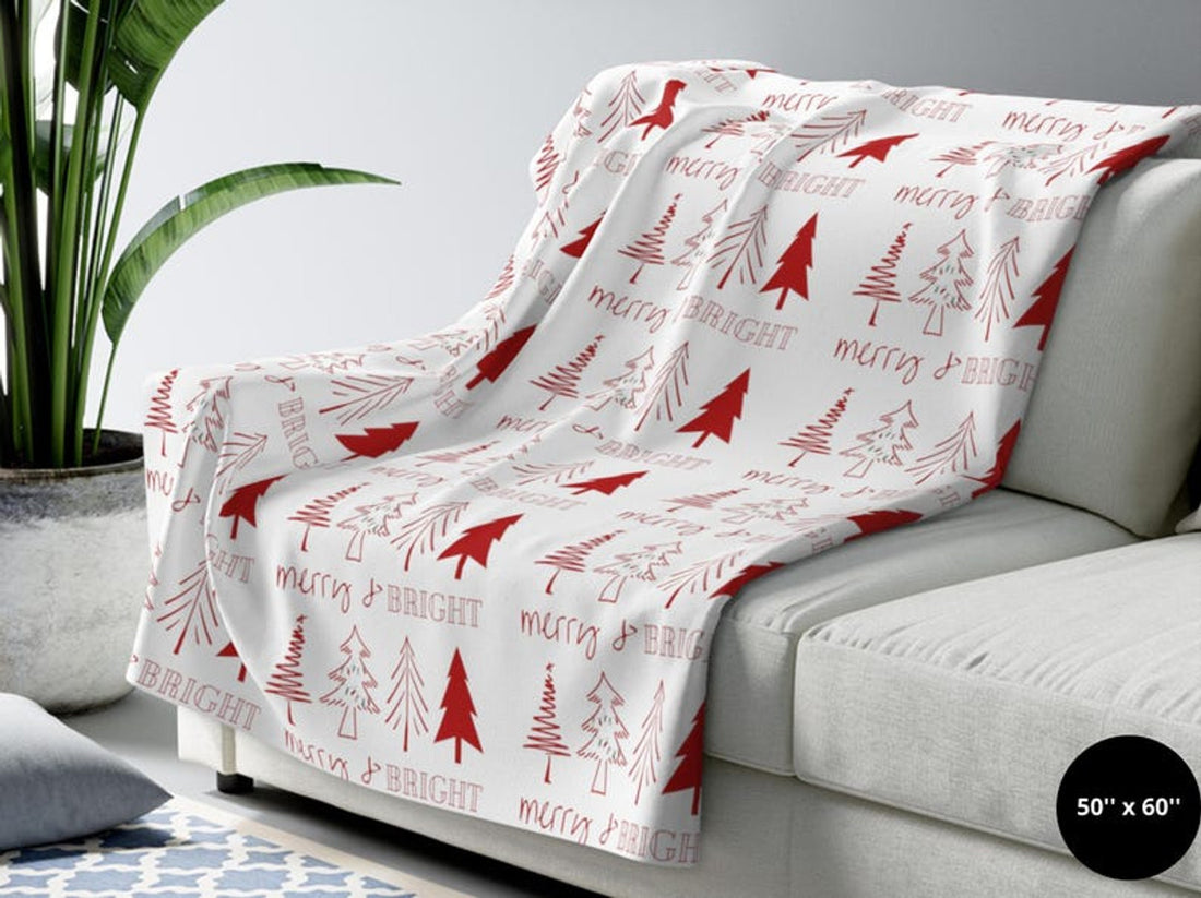 FUNSTUFFPRINT Christmas Blanket |Christmas Tree Blanket |Merry & Bright| Christmas Home Decor| Fleece Throw| Sofa Blanket |Holiday Blanket |Christmas Gift