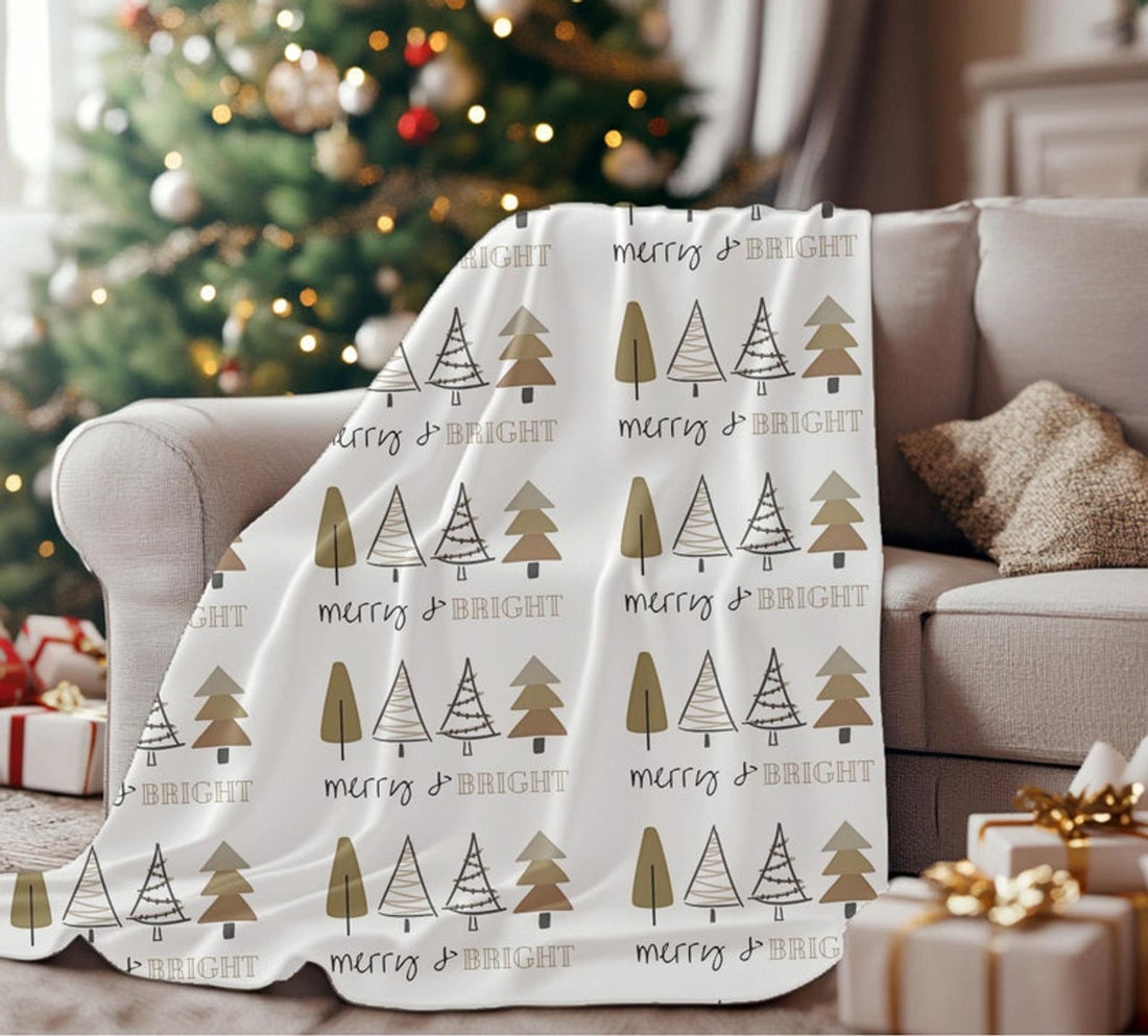 FUNSTUFFPRINT Christmas Blanket  Christmas Tree Blanket |Merry & Bright| Christmas Home Decor| Fleece Throw| Sofa Blanket |Holiday Blanket |Christmas Gift