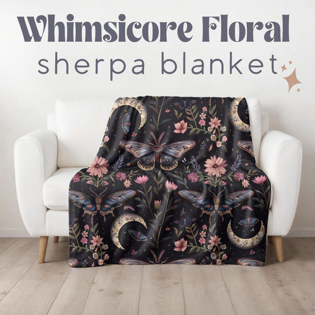 FUNSTUFFPRINT Aesthetic Botanical Whimsicore Forestcore Fleece Sherpa Blanket, Soft Throw for Halloween, Moon Phases Lunar Moth Witchy, Gothic Gifts