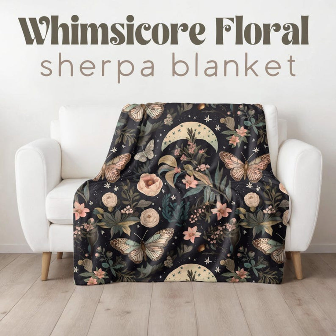 FUNSTUFFPRINT Whimsicore Aesthetic Lunar Moth Floral Sherpa Blanket, Soft and Cozy Blanket, Unique Christmas Gift Idea, Throw for Couch, Witchy Gifts
