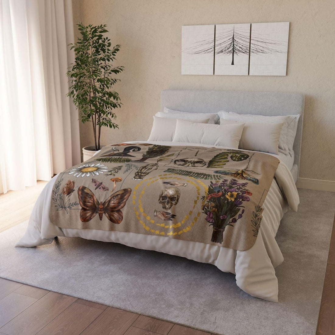 FUNSTUFFPRINT Goblincore and Cottagecore Fleece Blanket for Whimsical Lovers,  Mushrooms, and Herbs Shirt, Floral Herbalism, Goblincore Warm Blanket