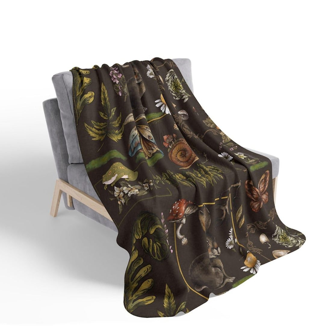 FUNSTUFFPRINT Goblincore and Cottagecore Fleece Blanket for Whimsical Lovers, Moths, Mushrooms, and Herbs Shirt, Floral Herbalism, Goblincore Warm Blanket
