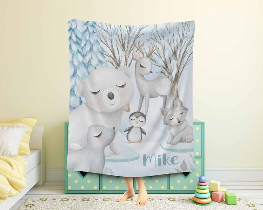 FUNSTUFFPRINT Custom  Arctic Animals Blanket Winter Snow Animal Nursery Blanket Custom Photo Throw Personalized Newborn Gift Kids Custom Blanket Gift for New Mom