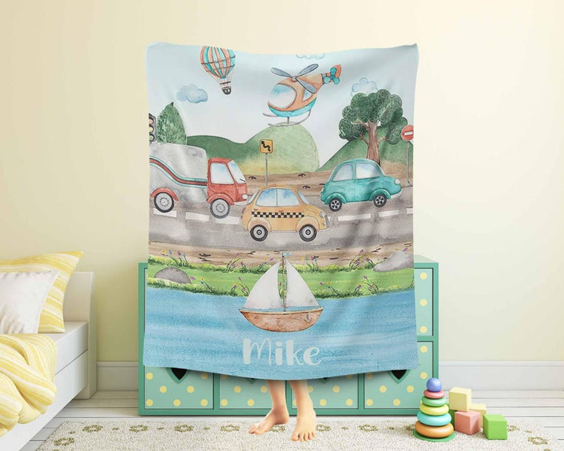 FUNSTUFFPRINT Custom  Transport Nursery Blanket Custom Baby Name Blanket Kids Custom Name Blanket Car Airplane Ship Baby Shower Gift For Boys