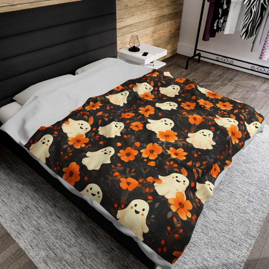 FUNSTUFFPRINT Floral Velveteen Plush Blanket, Cute Halloween Throw Blanket, Fall Home Decor, Cozy Cottagecore Autumn Blanket