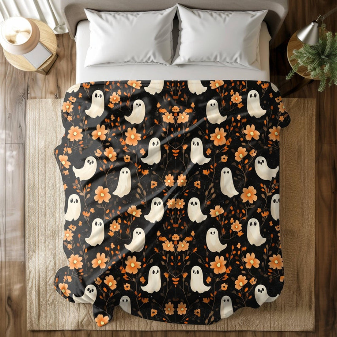 FUNSTUFFPRINT Floral Ghost Velveteen Plush Blanket, Cute Halloween Throw Blanket, Fall Home Decor, Cozy Cottagecore Autumn Blanket