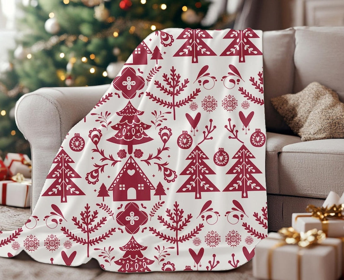 FUNSTUFFPRINT Christmas Blanket| Norwegian Folk Art Throw Blanket |Norwegian Christmas Tree Blanket| Swedish Folk Art Gift |Nordic Home Decor