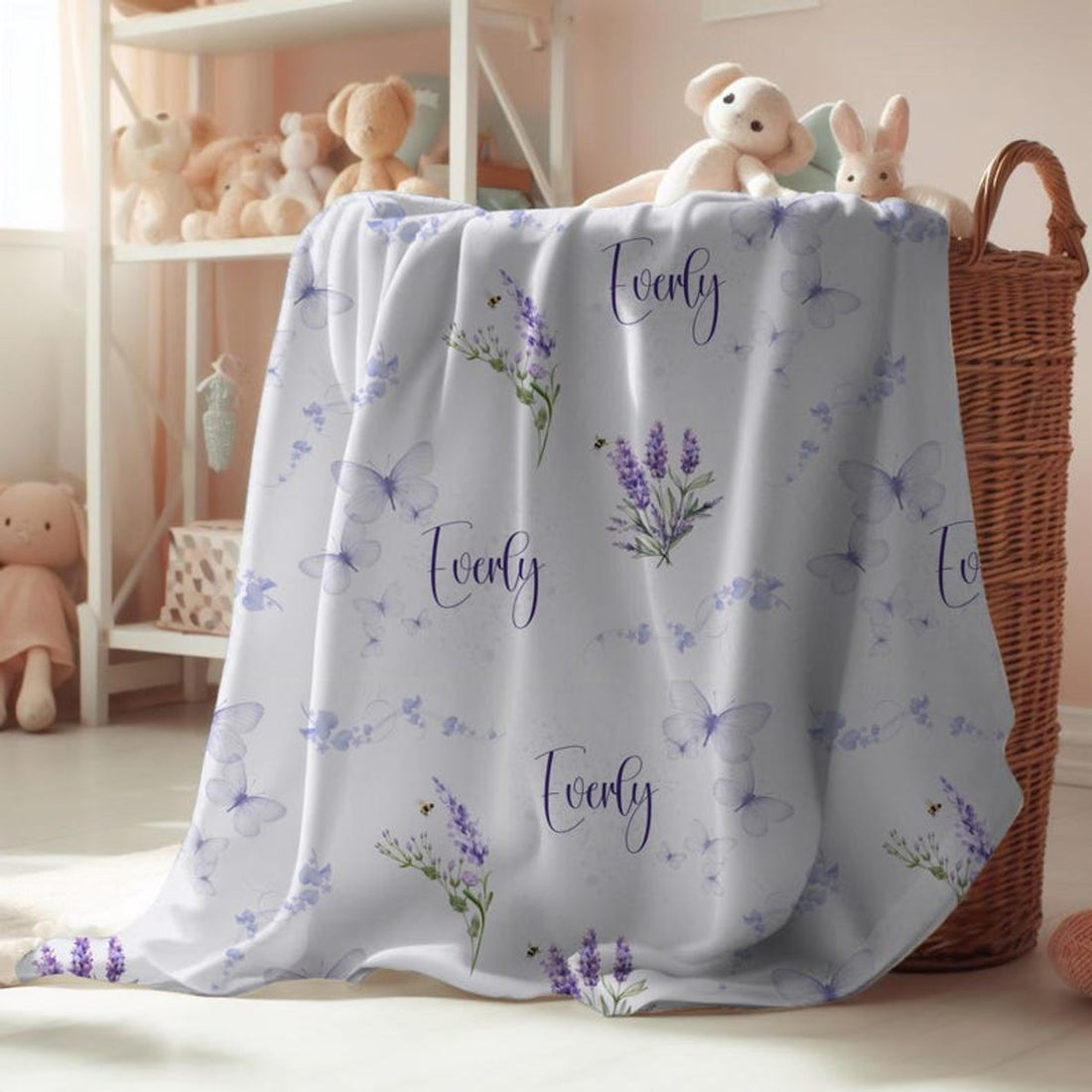 FUNSTUFFPRINT Floral Plush Blanket | Soft Cozy Velveteen Throw for Couch & Dorm | Personalized Baby or Receiving Blanket | Butterfly Room Decor Aesthetic