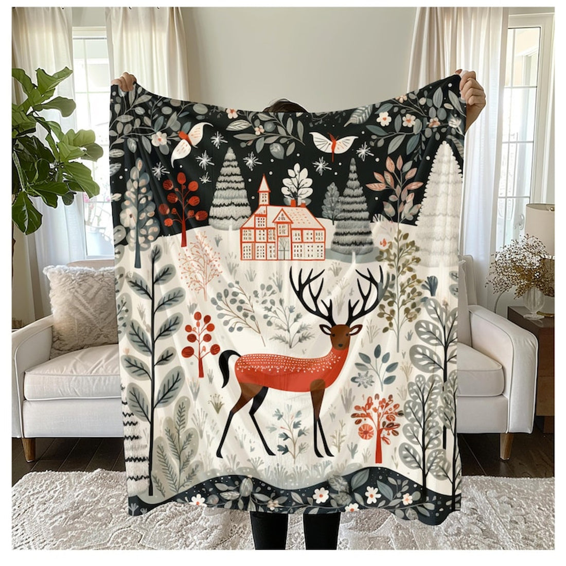 FUNSTUFFPRINT Scandinavian Print Velvet Blanket, Scandi Home Decor, Norwegian Holiday Throw, Christmas Blanket, Folk Art Blanket, Norwegian Blanket