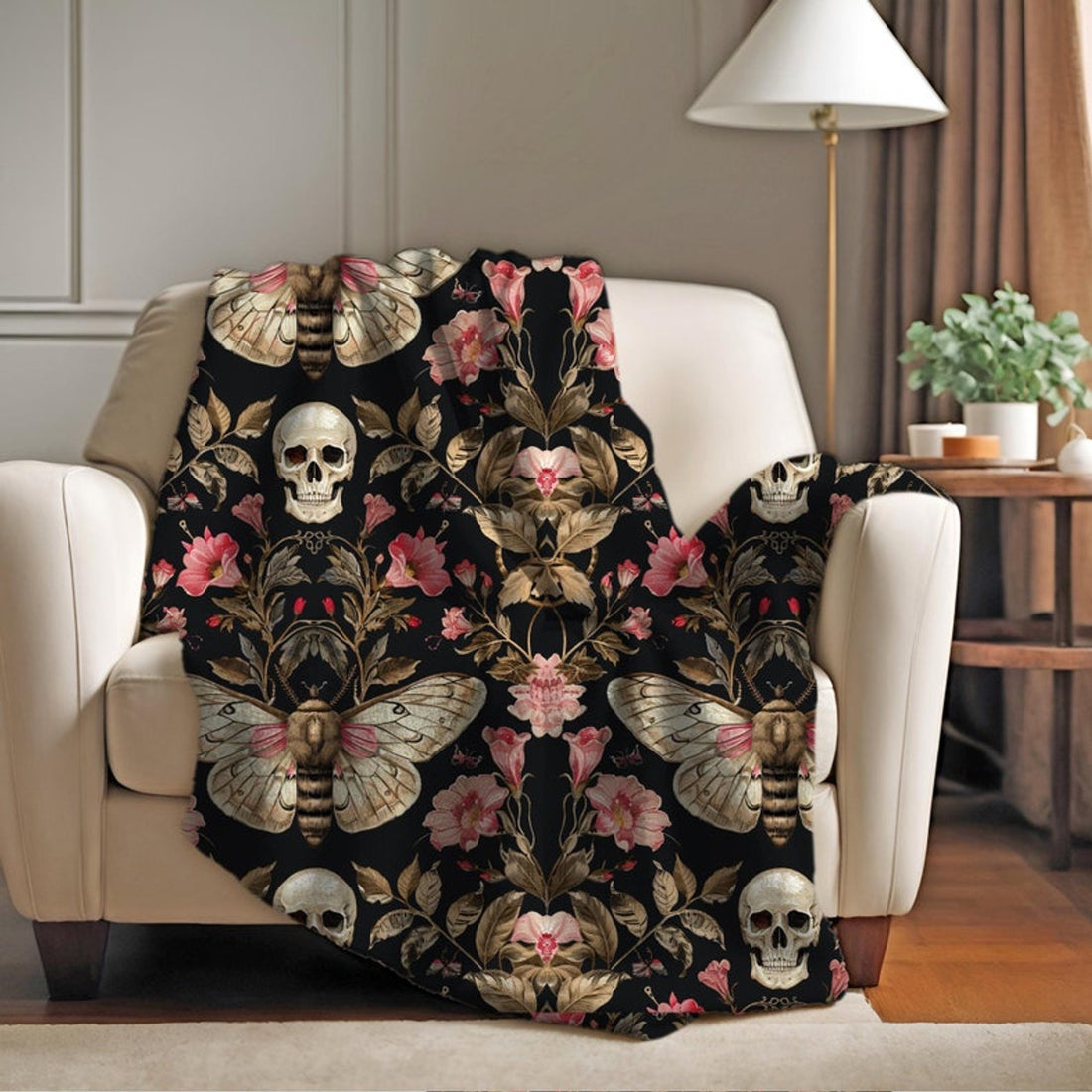 FUNSTUFFPRINT Skull Floral Pink Black Moth Ethereal Velveteen Blanket, Goth Home Decor, Soft Throw, Unique Bedding, Cozy Accent, Halloween Gift
