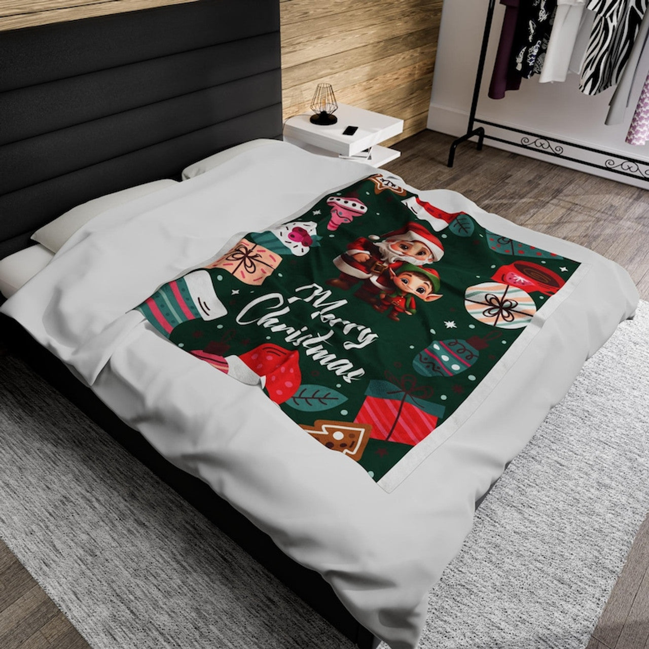 FUNSTUFFPRINT Christmas Santa and Elf Blanket, Merry Christmas Design, Festive Holiday Decor, Velveteen Plush Throw, Warm Winter Blanket, Christmas Gift