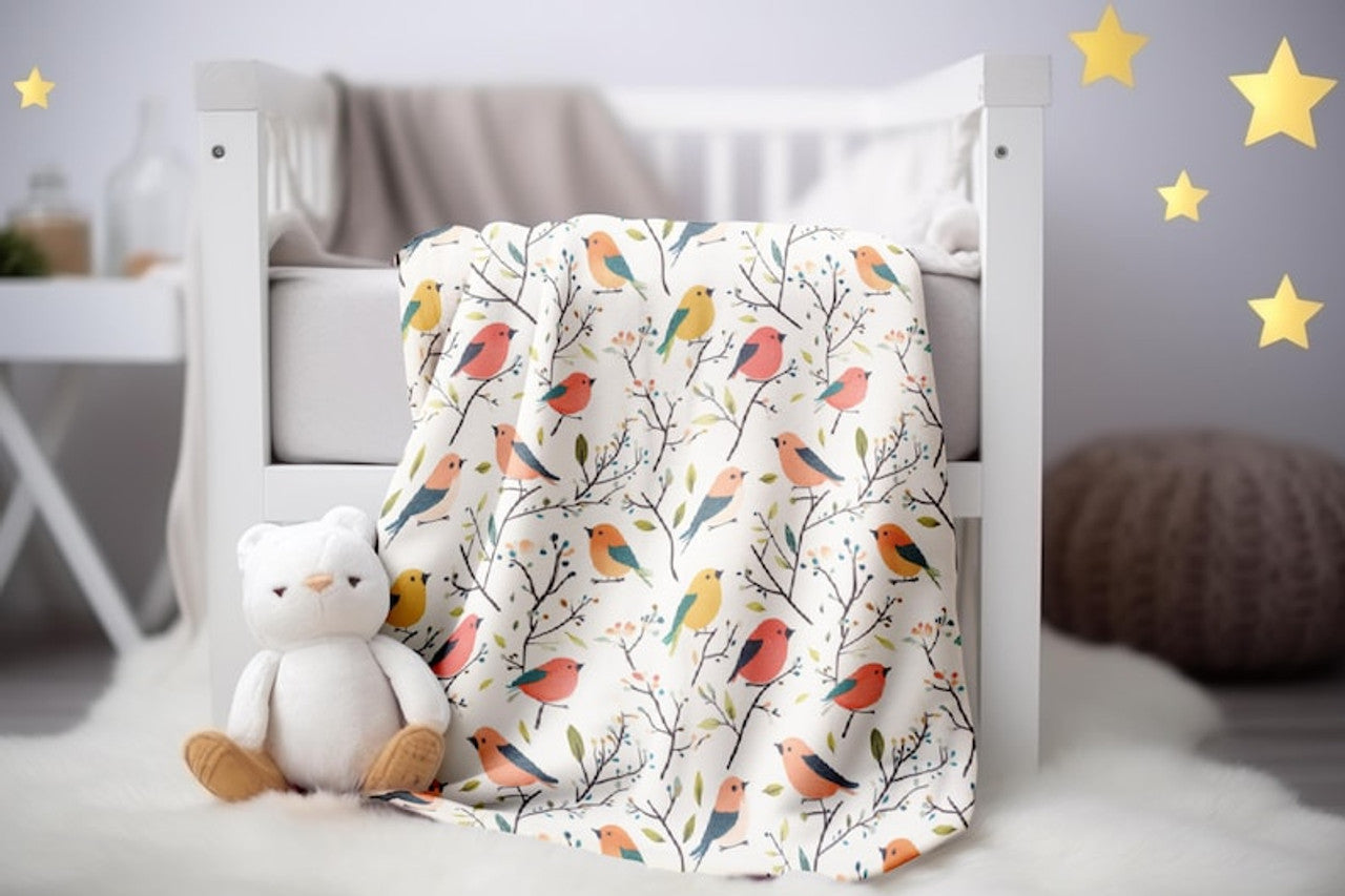 FUNSTUFFPRINT Whimsical Birds Baby Blanket, Animal Baby Keepsake, Baby Shower Gift, Infant Swaddle, Baby Girl Blanket, Sherpa Blanket, Velveteen Blanket