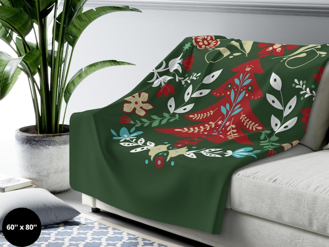 FUNSTUFFPRINT Scandinavian Christmas Blanket| Norwegian Folk Art Blanket |Norwegian Christmas Tree Blanket| Swedish Folk Art Gift |Nordic Home Decor
