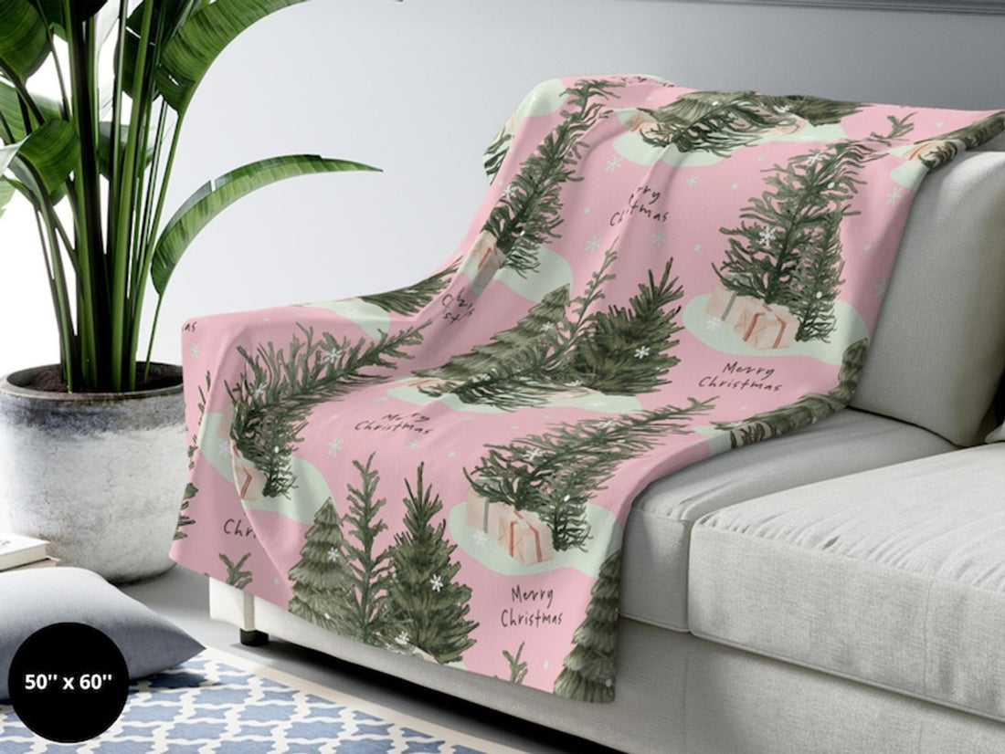 FUNSTUFFPRINT Christmas Blanket| Farmhouse Christmas Tree Home Decor| Rustic Christmas| Holiday Blanket| Home Living Room| Pink Vintage Christmas Gift