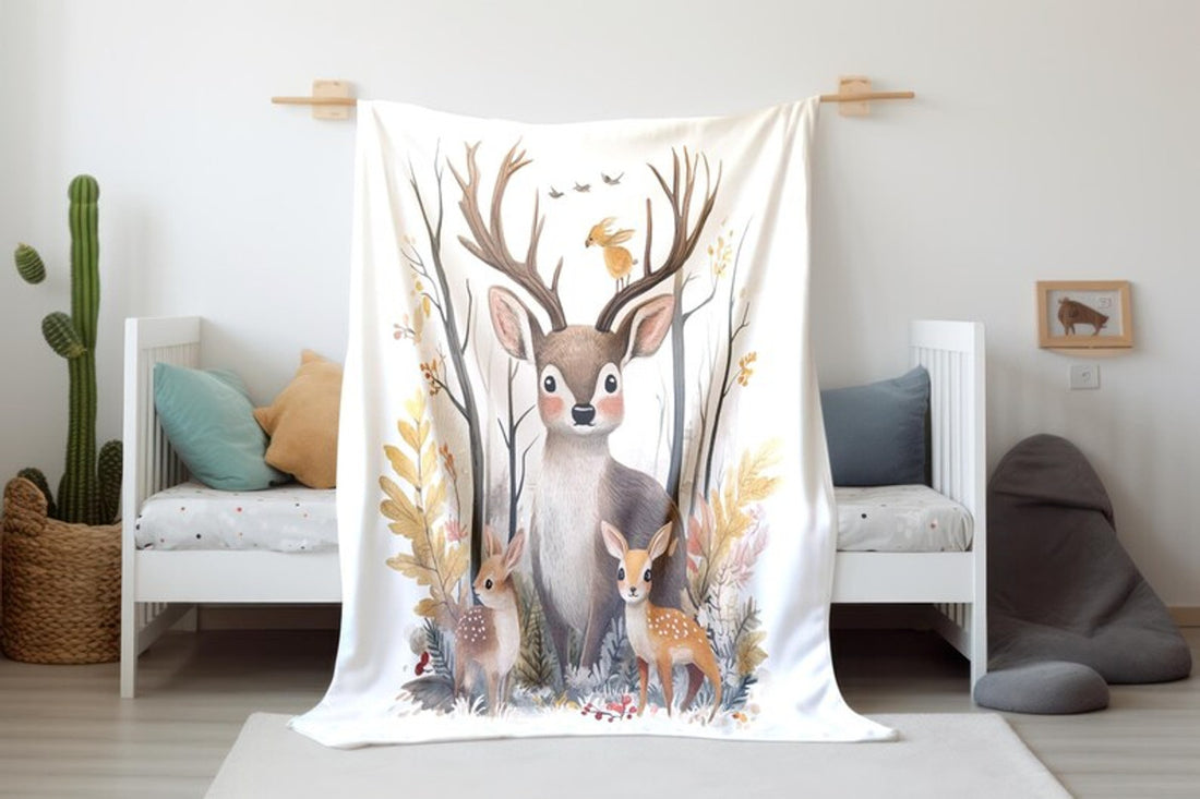 FUNSTUFFPRINT Boho Woodland Baby Blanket, Baby Swaddle Blanket, Baby Blanket, Woodland Deer Keepsake, Sherpa Blanket, Velveteen Blanket, Baby Shower Gift