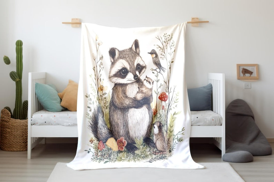 FUNSTUFFPRINT Woodland Animals Baby Blanket, Kids Blanket, Raccoon Blanket, Velveteen Blankets, Kids Gift, Child's Sherpa Blanket, Baby Girl Blankets