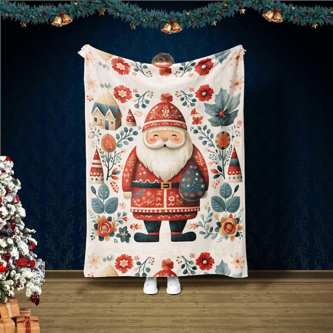 FUNSTUFFPRINT Christmas Blanket, Santa Claus Blanket, Scandinavian Christmas Blanket, Merry Christmas Blanket, Winter Xmas Season Gift, Christmas Bedding