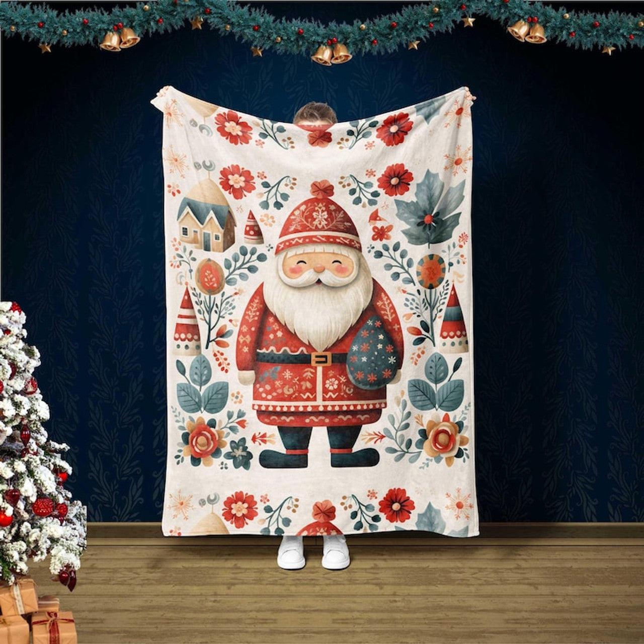 FUNSTUFFPRINT Christmas Blanket, Santa Claus Blanket, Scandinavian Christmas Blanket, Merry Christmas Blanket, Winter Xmas Season Gift, Christmas Bedding