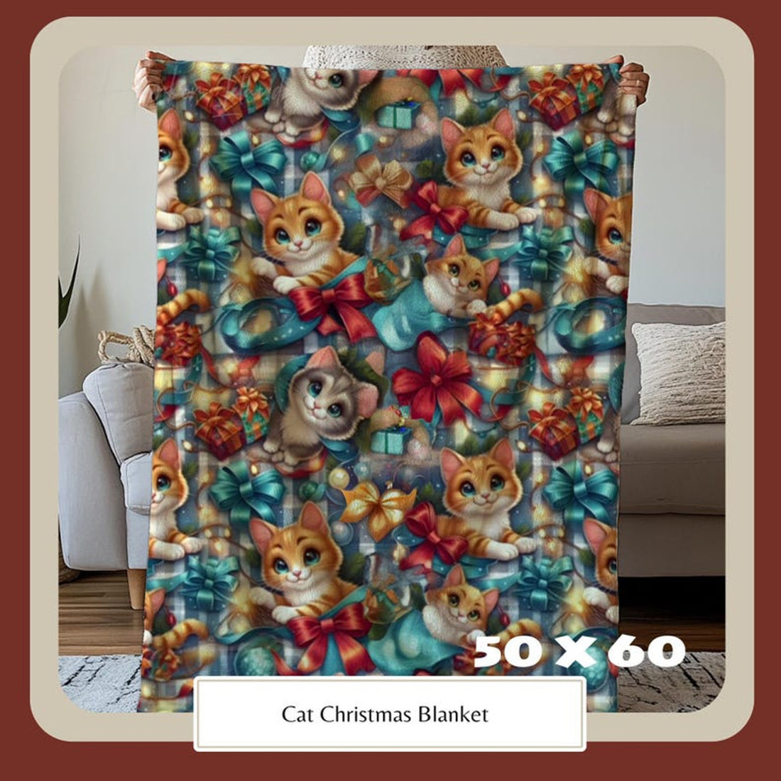 FUNSTUFFPRINT Cat Christmas Blanket for Cat Lovers, Cozy Fuzzy Throw Blanket, Cath Themed Gift, Gift for Reader, Cat Mom or Dad