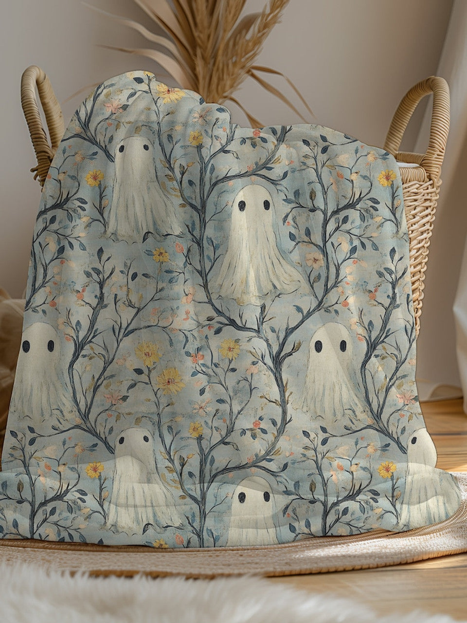 FUNSTUFFPRINT Cozy Ghost Halloween Blanket, Soft Aesthetic Fall Floral Velveteen Plush Throw, Comfy Gift for Her or Family, 3 Sizes