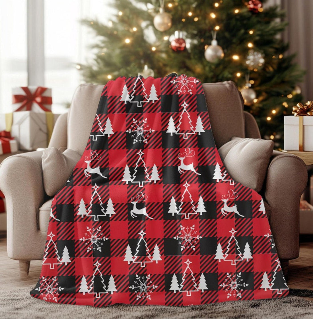 FUNSTUFFPRINT Christmas Blanket |Christmas Tree Home Decor |Red Christmas Plaid Fleece Blanket| Decorative Sofa Blanket |Holiday Blanket |Christmas Gift