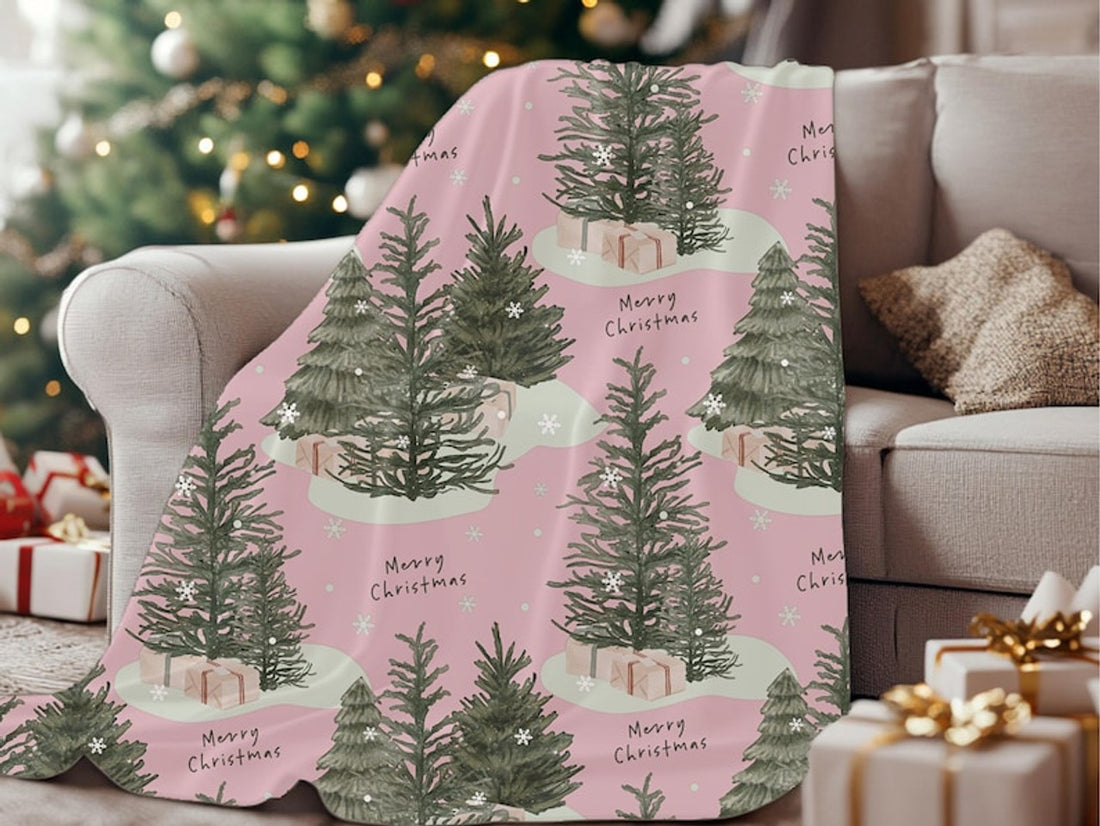 FUNSTUFFPRINT Christmas Blanket| Farmhouse Christmas Tree Home Decor| Rustic Christmas| Holiday Blanket| Home Living Room| Pink Vintage Christmas Gift