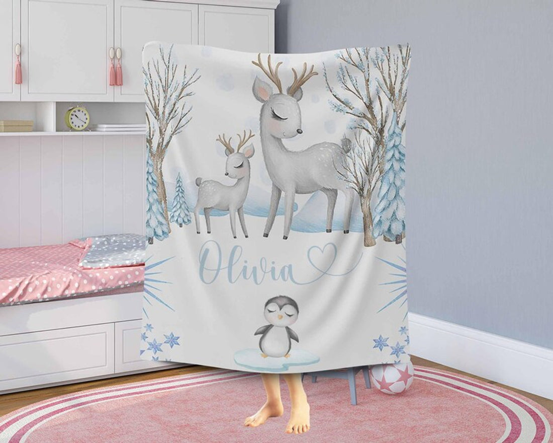 FUNSTUFFPRINT Custom  Winter Animals Blanket Woodland Snow Animal Nursery Blanket Custom Name Throw Personalized Newborn Gift Kids Custom Blanket Gift for New Mom