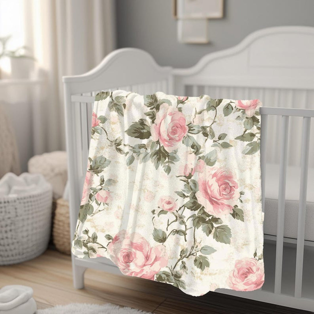 FUNSTUFFPRINT Pink Rose Blanket, Soft Sherpa or Velveteen Rose-Patterned Throw, Vintage Floral Cottagecore Decor, Cozy Shabby Chic Blanket