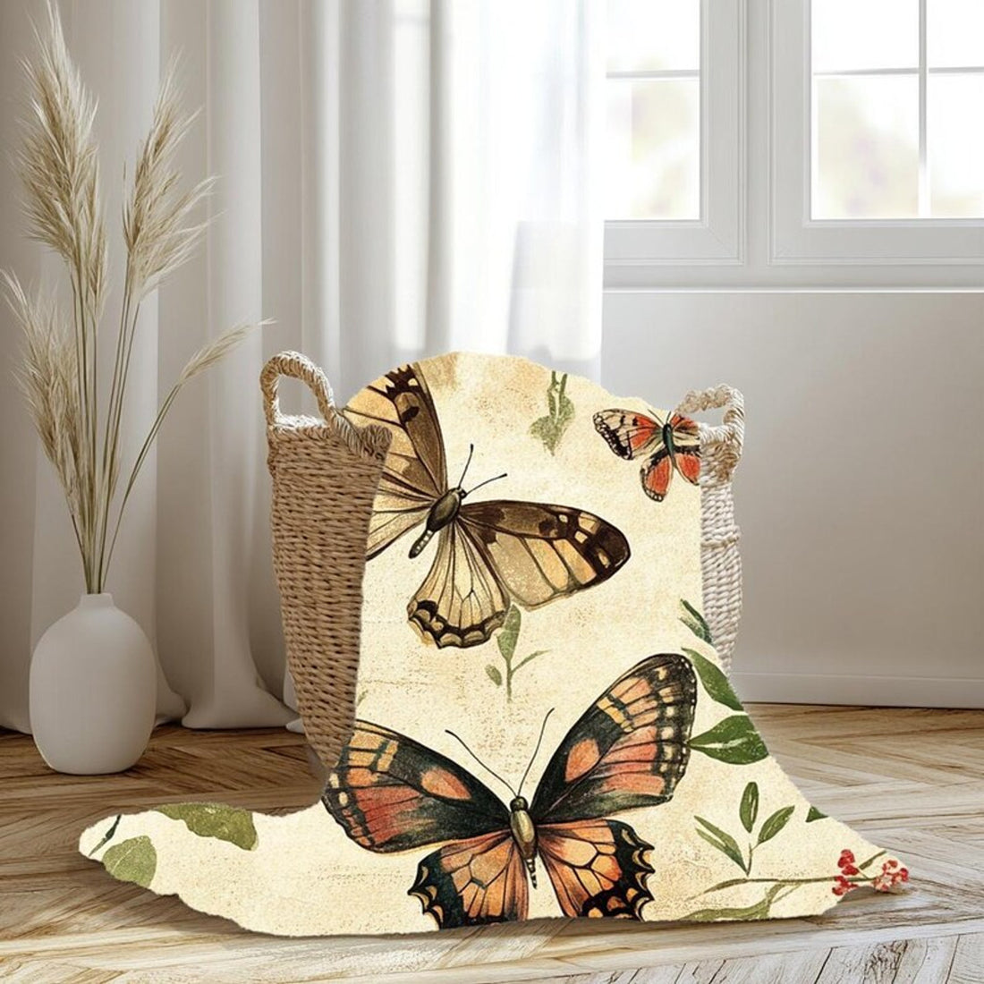 FUNSTUFFPRINT Vintage Butterfly Design Blanket, Cozy Sherpa & Velveteen Throw, Antique Butterfly Print Blanket, Soft and Warm Cottagecore Blanket
