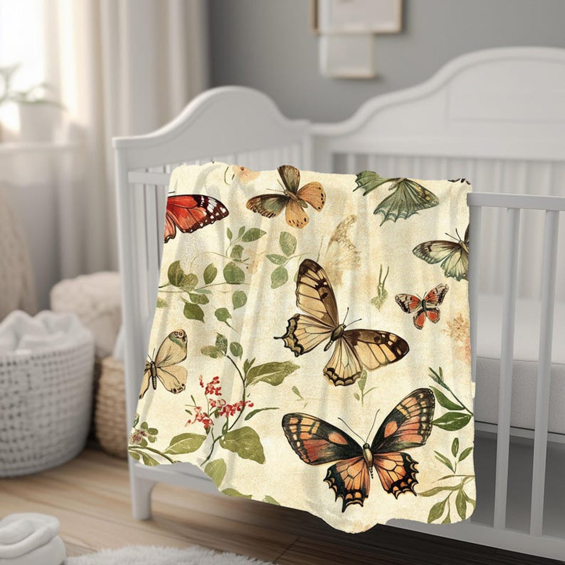 FUNSTUFFPRINT Vintage Butterfly Design Blanket, Cozy Sherpa & Velveteen Throw, Antique Butterfly Print Blanket, Soft and Warm Cottagecore Blanket