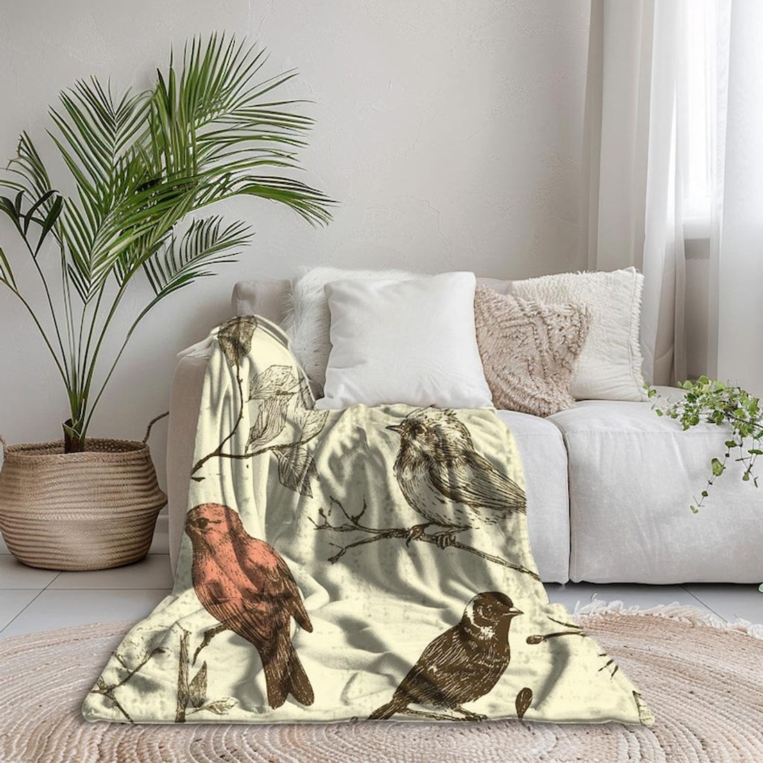 FUNSTUFFPRINT Boho Bird Design Blanket, Cozy Sherpa or Velveteen Throw, Antique Bird Print Blanket, Warm Vintage-Inspired Blanket, Bird Lover Gift