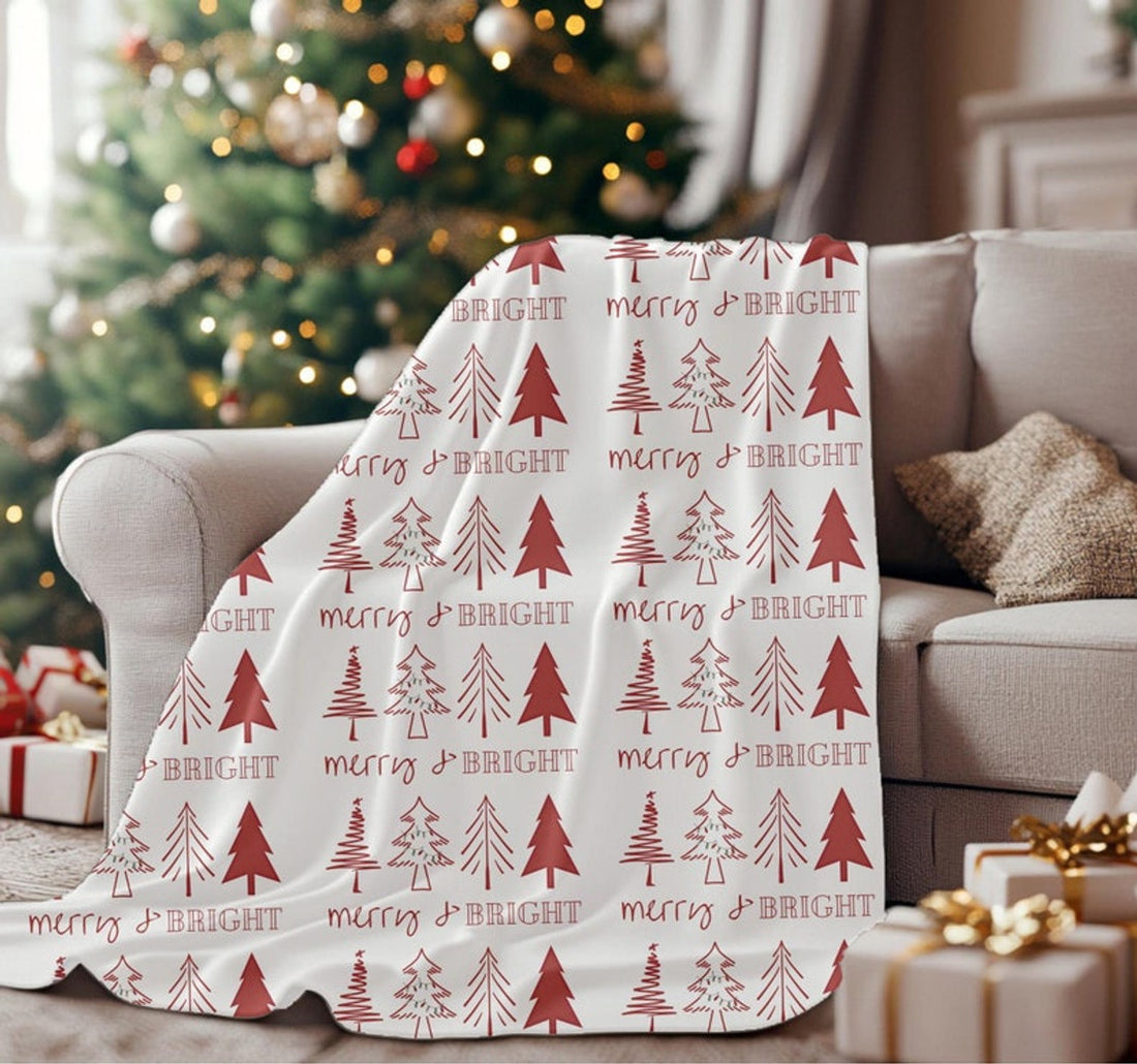 FUNSTUFFPRINT Christmas Blanket |Christmas Tree Blanket |Merry & Bright| Christmas Home Decor| Fleece Throw| Sofa Blanket |Holiday Blanket |Christmas Gift