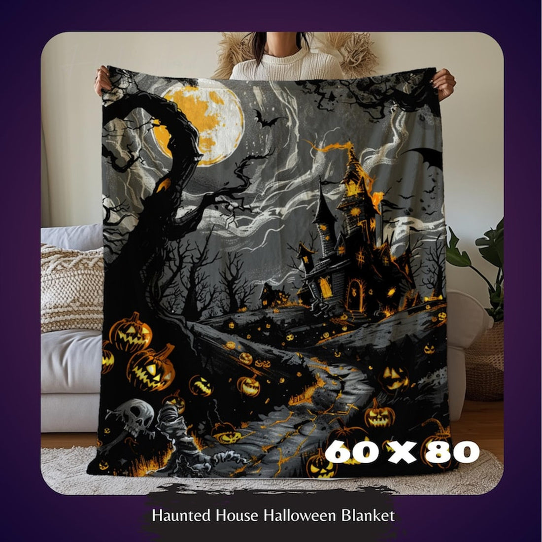 FUNSTUFFPRINT Halloween Blanket, Pumpkin Blanket, Spooky Blanket, Goth Blanket, Halloween Gift, Bedroom Decor, Gift for Her