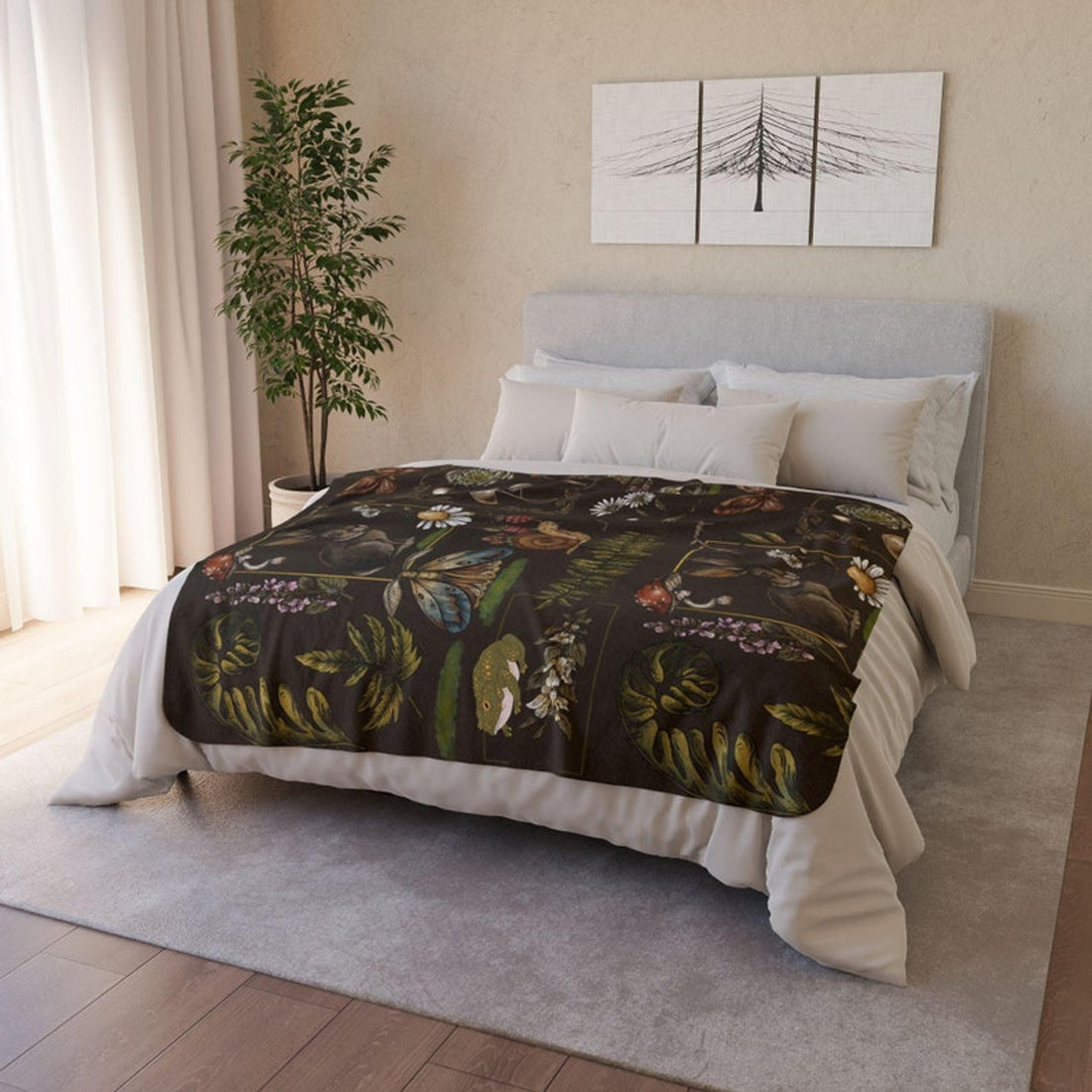 FUNSTUFFPRINT Goblincore and Cottagecore Fleece Blanket for Whimsical Lovers, Moths, Mushrooms, and Herbs Shirt, Floral Herbalism, Goblincore Warm Blanket