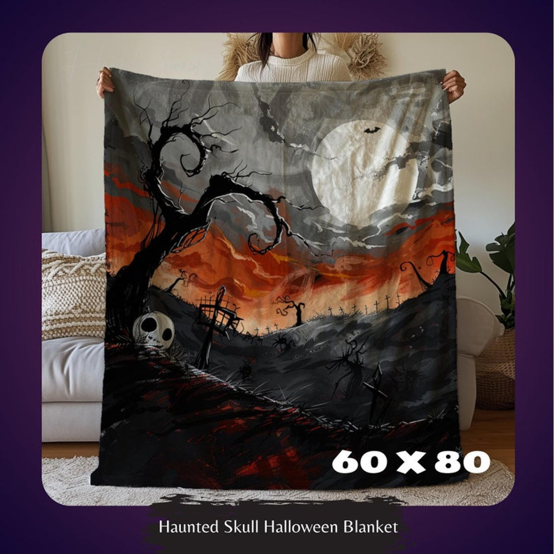 FUNSTUFFPRINT Halloween Blanket, Skull Blanket, Gothic Style, Spooky Throw Blanket, Haunted Graveyard, Fall Home Decor, Pet Blanket