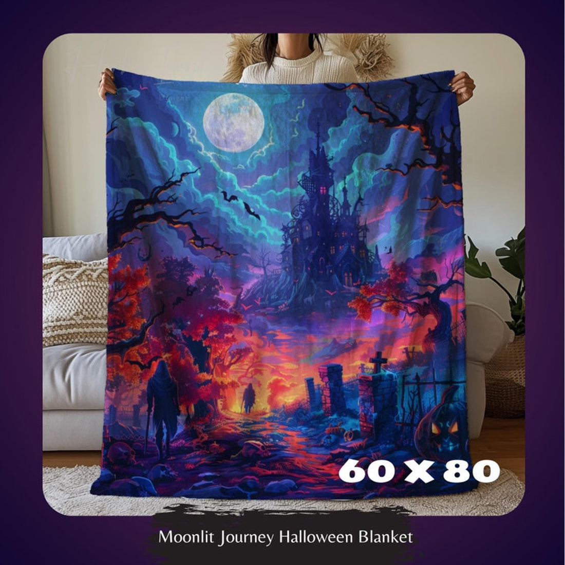 FUNSTUFFPRINT Halloween Gothic Blanket, Full Moon, Haunted Grave Yard, Spooky Ghost Velveteen Throw Blanket, Halloween Home Room Decor