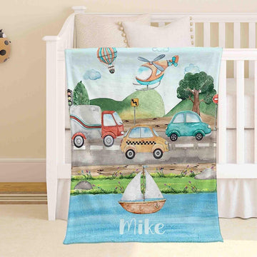 FUNSTUFFPRINT Custom  Transport Nursery Blanket Custom Baby Name Blanket Kids Custom Name Blanket Car Airplane Ship Baby Shower Gift For Boys