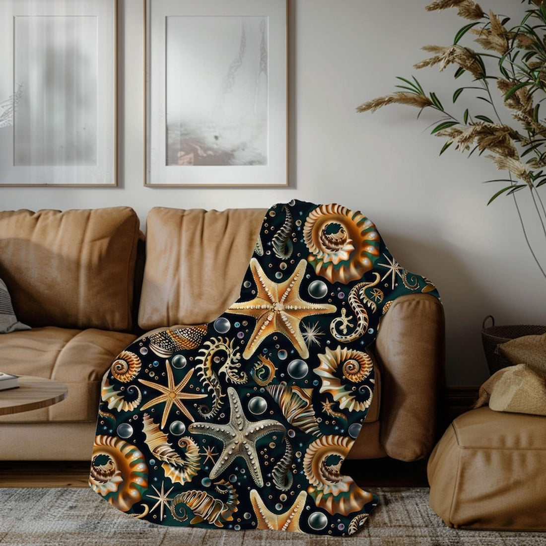 FUNSTUFFPRINT Starfish And Shells Coastal Throw Blanket, Nautical Christmas Gift For Best Friend, Beach Lover Gift, Ocean Theme Decor, Beach Bedding