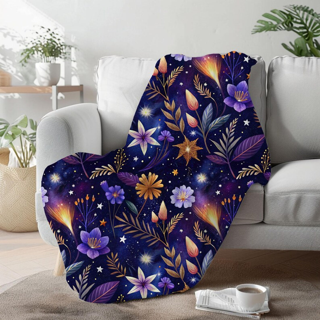 FUNSTUFFPRINT Night Garden Plush Throw Blanket, Cozy Christmas Gift For Daughter, Comfy Throw Blanket For Bed, Witchy Gifts For Best Friend, Night Sky