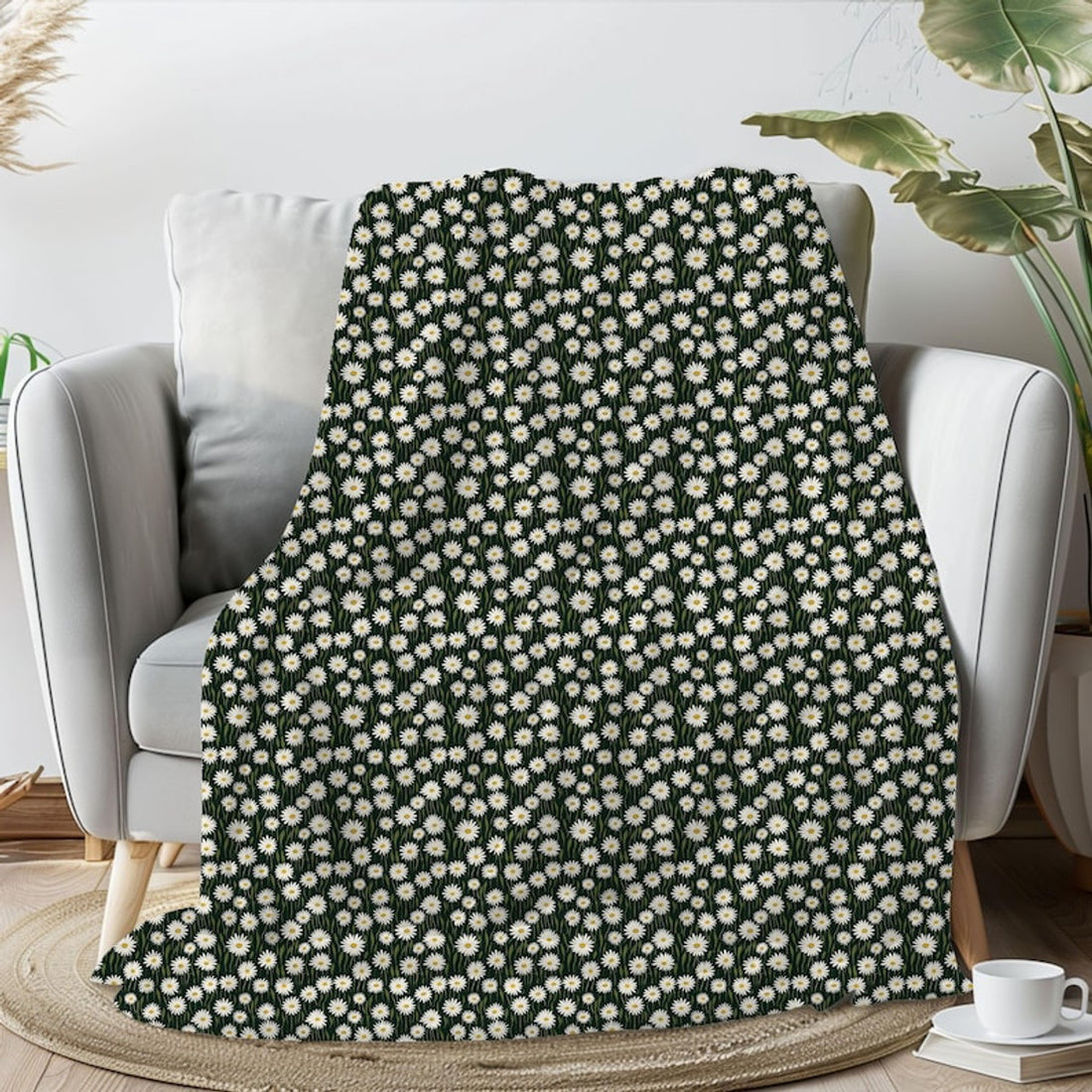 FUNSTUFFPRINT white daisies throw blanket, cozy christmas gift for girlfriend, home decor for living room, snuggle blanket, housewarming gift for couple