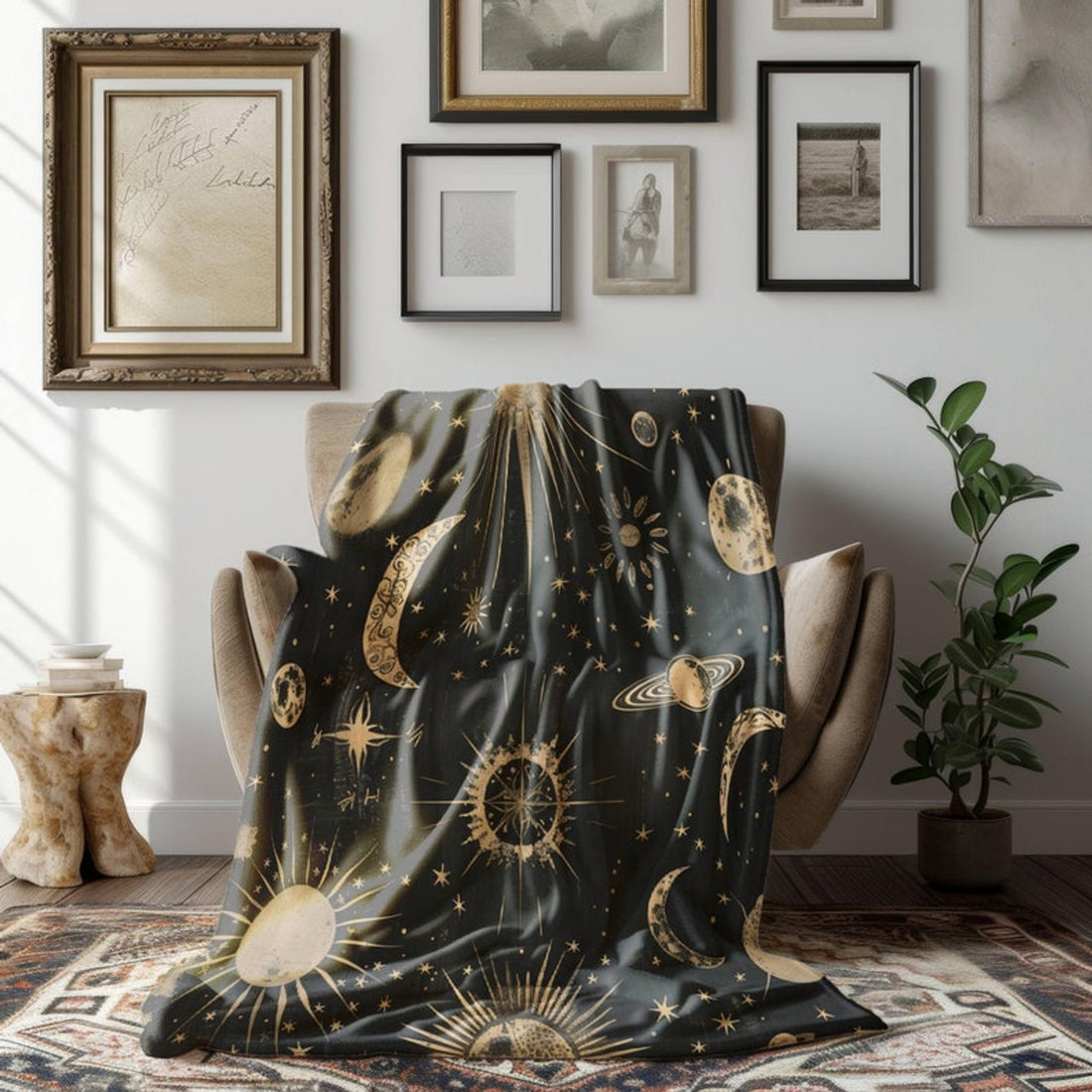 FUNSTUFFPRINT Celestial Mystical Velveteen Plush Blanket, Cute Moon Phases Throw Blanket, Fall Home Decor, Cozy Dark Academia Sherpa Fleece Blanket