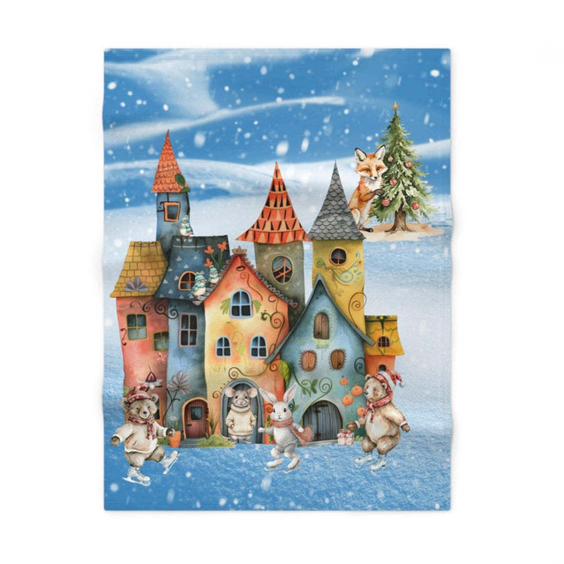 FUNSTUFFPRINT Soft Child's Fleece Blanket, Item #4123 Swiss Alps Mouse and Bear, Rabbit Ice Skating in Snow Blanket, Custom Fleece Baby Blanket