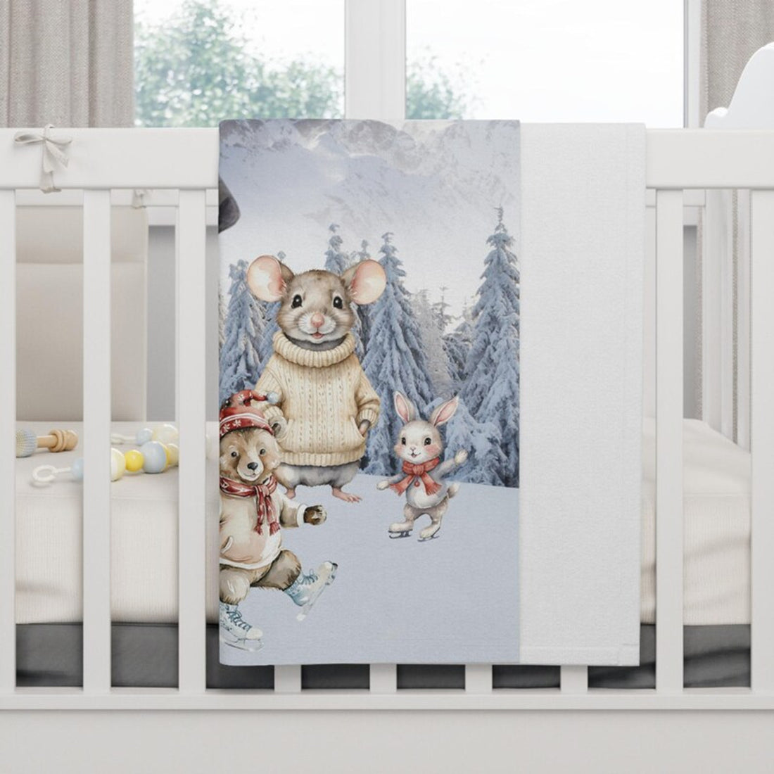 FUNSTUFFPRINT Soft Fleece Baby Blanket, Item #4125, Snowy Alps Mouse and Bear Play In Snow Blanket, Colorful and Playful for Children, Fleece Baby Blanket