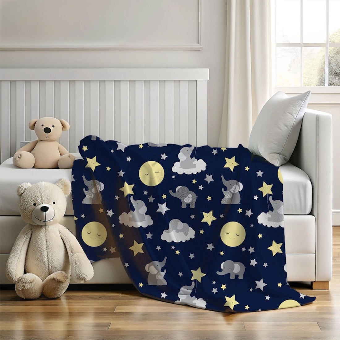 FUNSTUFFPRINT moon and stars baby blanket for crib, elephant decor for nursery, cute christmas gift for new moms, baby shower gift for baby boy, swaddle