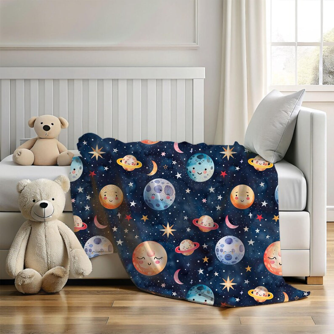 FUNSTUFFPRINT blue solar system blanket for babies, nursery decor boy, cute christmas gift for new moms, newborn photo prop, baby shower gift for baby boy